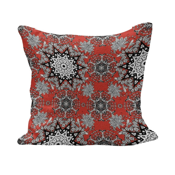 Mandala Fluffy Throw Pillow Cushion Cover, Floral Swirls Leaves Lace Seem Hand Drawn Image Illustration, Decorative Square Accent Pillow Case, 18" x 18", Scarlet White, by Ambesonne