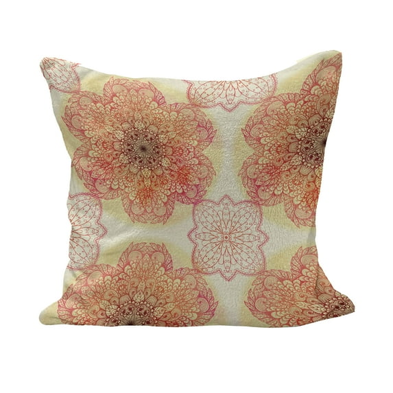 Mandala Fluffy Throw Pillow Cushion Cover, Hand Drawn Bloom Swirled Petals Oriental Retro Illustration, Rectangle Accent Pillow Case, 36" x 16", Burgundy Yellow Pink, by Ambesonne