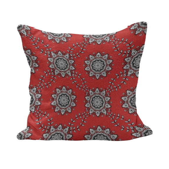 Mandala Fluffy Throw Pillow Cushion Cover, Sketchy Leaves Swirl Ivy Victorian Mesh Design Inspired Image, Decorative Square Accent Pillow Case, 16" x 16", Vermilion White, by Ambesonne