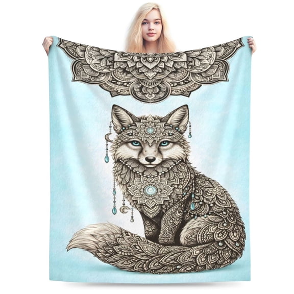 Mandala Fox Blanket Boho Animal Throw Soft Cozy Fleece Christmas Gift Idea for Adults Couch Bed Home Decor 50x40
