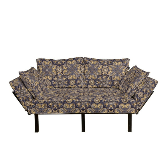 Mandala Futon Couch, Eastern Revival Curlicues Leaves and Rich Flora, Daybed with Metal Frame Upholstered Sofa for Living Dorm, Loveseat, Earth Yellow Indigo, by Ambesonne