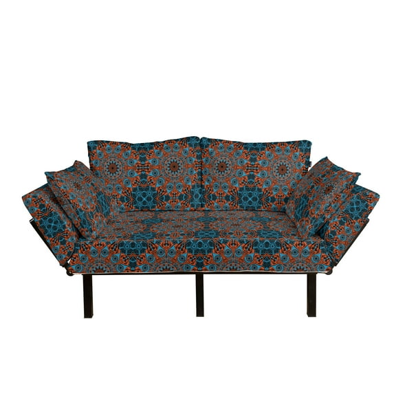Mandala Futon Couch, Ornate Lace Chinese Pattern Circles Swirls and Dots Flower Illustration, Daybed with Metal Frame Upholstered Sofa for Living Dorm, Loveseat, Blue Vermilion Black, by Ambesonne