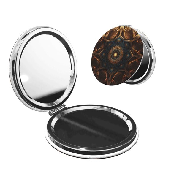 Mandala Geometry Abstract Portable Double-Sided Face Mirror Round Shape, Magnifying Compact Pocket Mirror with PU Leather Cover