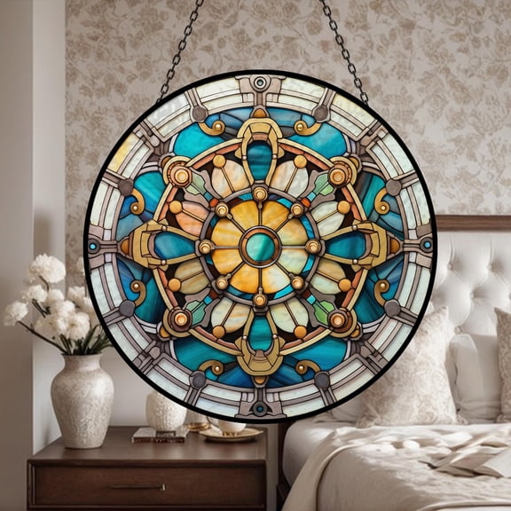 Mandala Geometry Theme Glass Suncatcher, Ornate Style Window Garden Decoration Gold Theme, 3.5 in