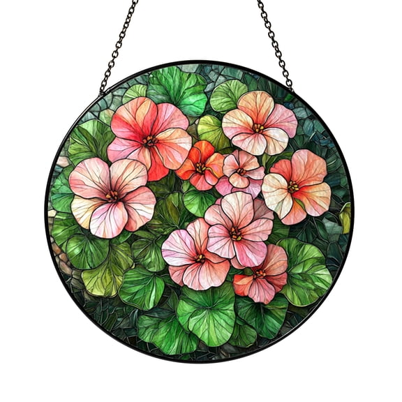 Mandala Geranium Window Suncatcher Decor, Artistic Glass Hanging, Peaceful Botanical Home Accent