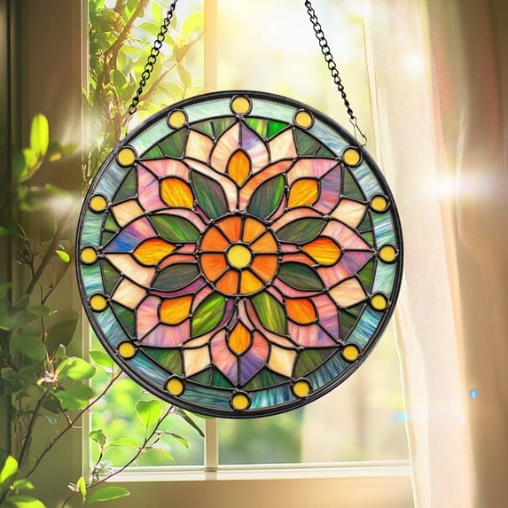 Mandala Glass Suncatcher, Colorful Boho Window Hanging, Round Flower Panel Art, 7.9 in