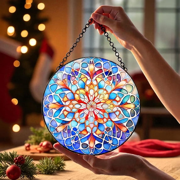 Mandala Glass Suncatcher, Colorful Window Hanging Decoration, Spiritual Mandala Sun Catcher Ornament, Boho Home Accent, 7.9 in