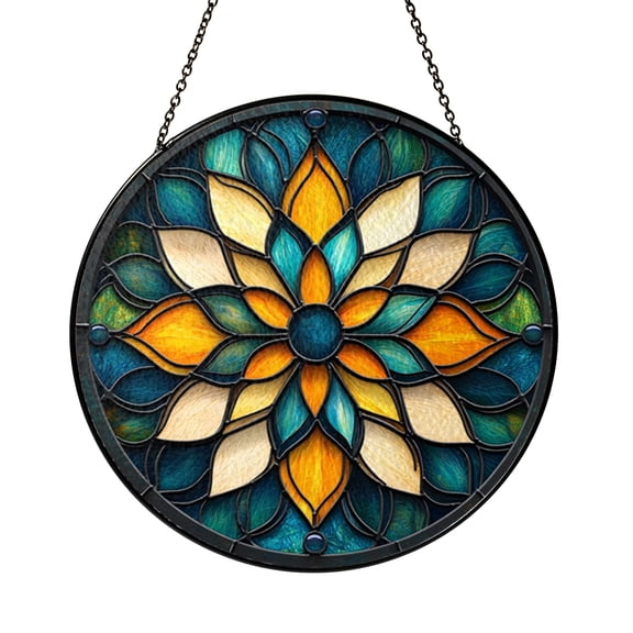 Mandala Glass Suncatcher Window Hanging Decor, Intricate Circular Pattern Artwork, Boho Home Accent