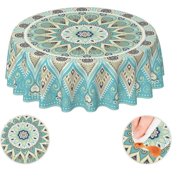 Mandala Green Waterproof Picnic Patio Party Round Table Cloth Cover Decorations Fabric 60 Inch Circular Tablecloth for 20-47 Inch Home Dining Room Kitchen Decor