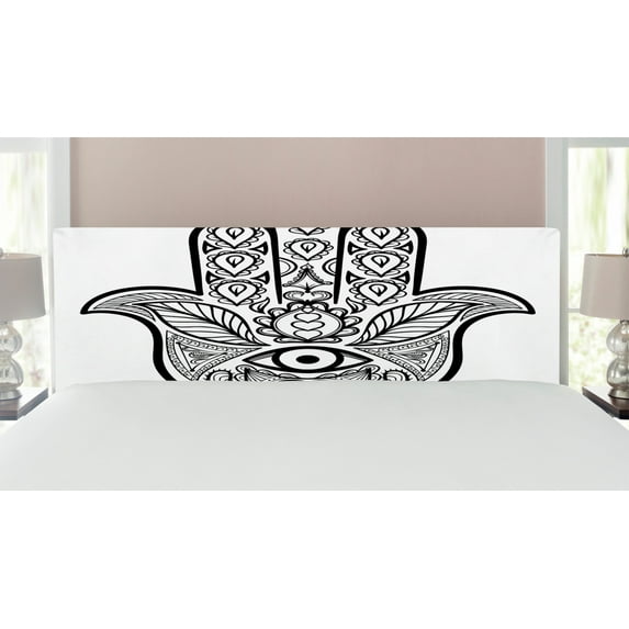 Mandala Headboard, Hamsa Hand Inner Eye Image Evil Eyes Bless You Oriental Eastern Art Print, Upholstered Decorative Metal Bed Headboard with Memory Foam, King Size, White Black, by Ambesonne