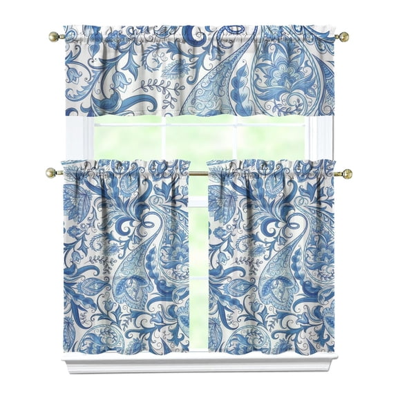Mandala Inspired Paisley Kitchen Curtains 3-Piece Set - Exotic Artwork, Chic Pattern, Tier Window Treatment