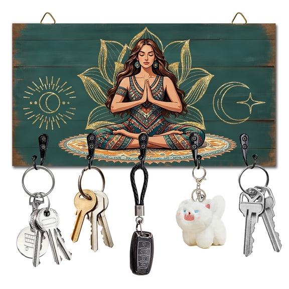 Mandala Key Holder Key Hooks Wall Mounted Wooden Key Racks with 5 Hooks Key Storage Organizer House Key Hanger