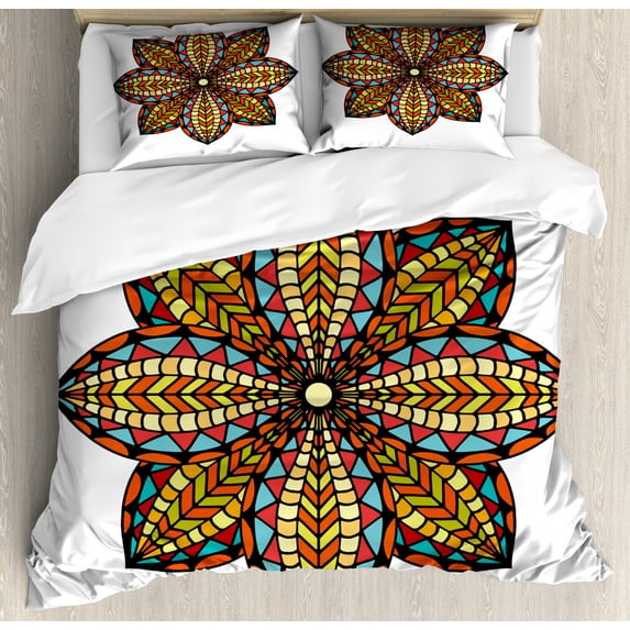 Mandala King Size Duvet Cover Set, Floral Motif Geometric Colorful Petals Curvy Elliptic Design Ethnic Traditional Art, Decorative 3 Piece Bedding Set with 2 Pillow Shams, Multicolor, by Ambesonne