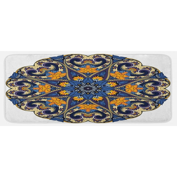 Mandala Kitchen Mat, Floral Motif Vibrant Colors Inner Balance Pattern Style, Plush Decorative Kitchen Mat with Non Slip Backing, 47" X 19", Blue Orange Purple, by Ambesonne