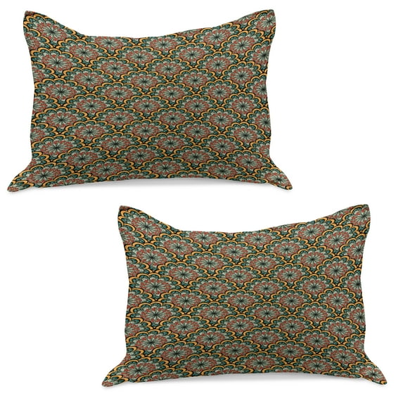 Mandala Knitted Quilt Pillowcover Set of 2, Flourishing Nature Design with Paisley Motif Bohemian Pattern, Standard Queen Pillow Sham Bedroom, 30" x 20", Seafoam Marigold Red, by Ambesonne