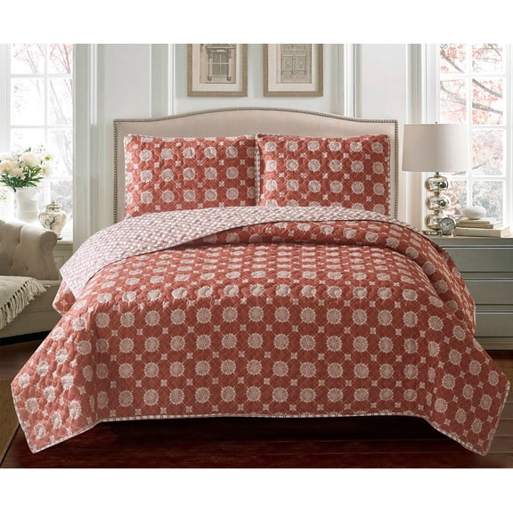 Mandala Lattice and Ironwork 3pc Quilt Set Full/Queen red