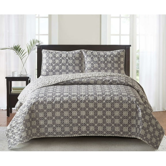Mandala Lattice and Ironwork Full/Queen 3-piece Quilt Set Grey