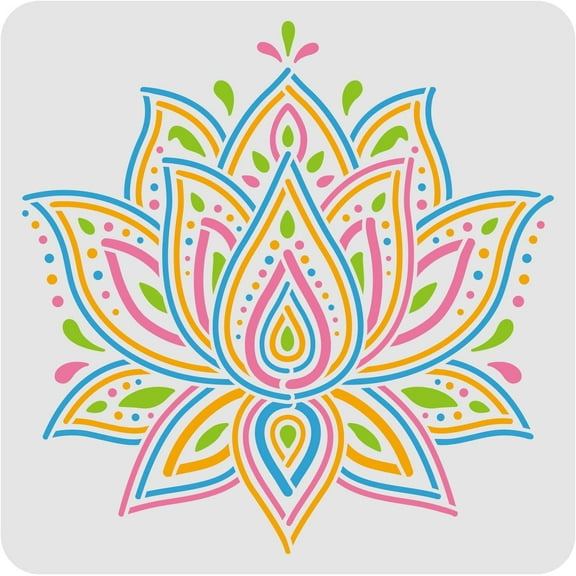 Mandala Lotus Stencil Decoration Template 11.8x11.8 inch Plastic Large Lotus Drawing Painting Stencils Square Reusable Template for Painting on Wood Floor Wall and Tile White