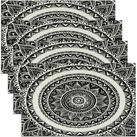 Mandala Lumbar Placemats Set of 4 12"x18" Farmhouse Placemats for Dining Table Indoor Outdoor Kitchen Black and Cream Table Mats Placemat Bohemia Boho Decor Table Place Mats Kitchen Dining Table