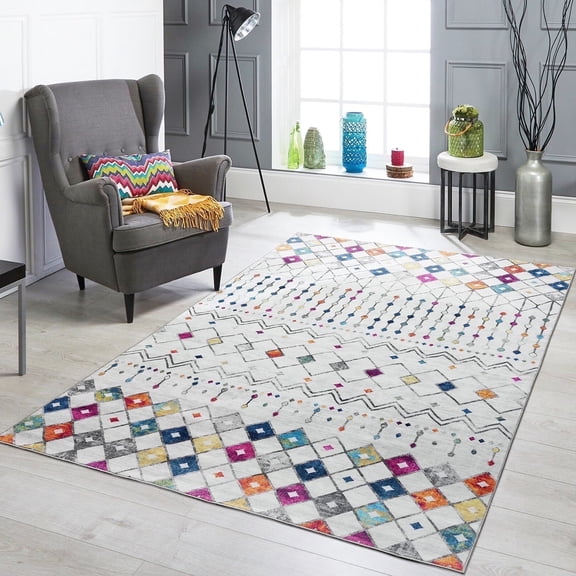 SKOVNISSE 5x7 Area Rug - Ultra Soft Vintage Area Rug for Bedroom, Living Room & Office | Traditional Machine Washable Rugs, Ideal for Indoor & Outdoor Use - White Gray & Multi