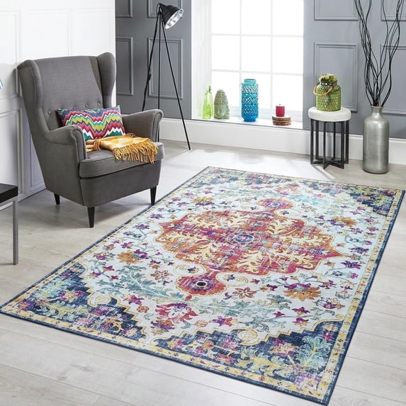 Mandala - Machine Washable Area Rugs 5 X 7 Ft, Stain Resistant Rug, Durable Polyester Material, Patterned & Colorful Rug, Bedroom & Living Room Rug, Room & Modern Home Decor - Blue