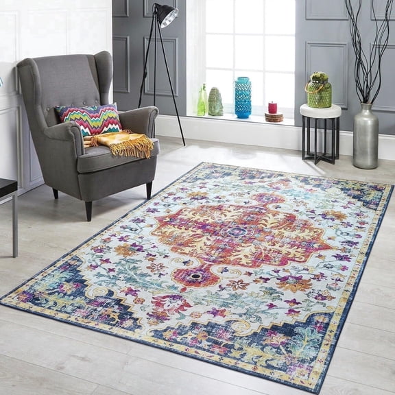 SKOVNISSE 6x9 Area Rug - Non-Slip,  Stain Resistant Bedroom Rug, Durable Polyester Material, Patterned & Colorful Rug, Bedroom & Living Room Rug, Room & Modern Home Decor - Blue and Multi
