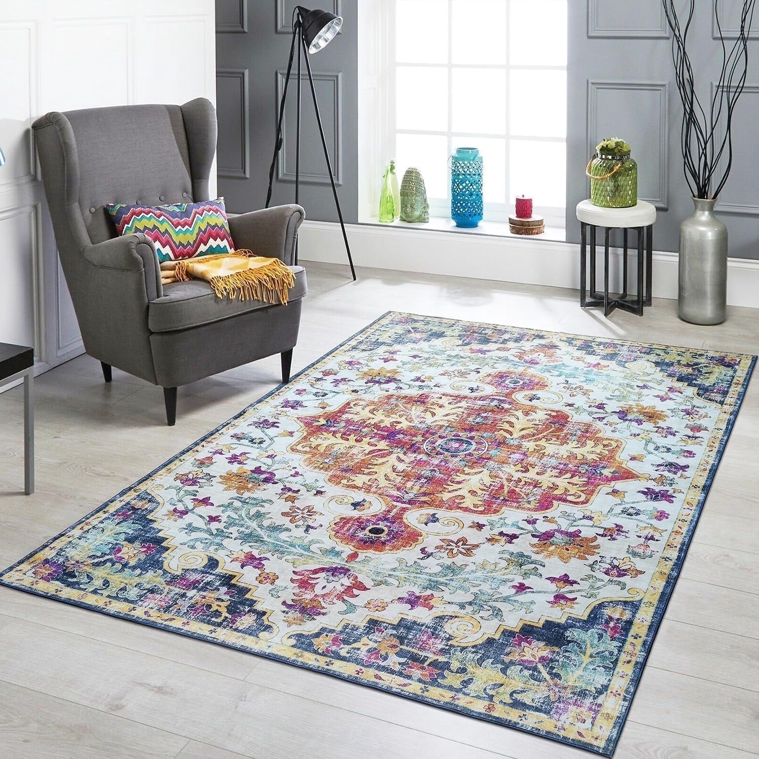 Mandala - Machine Washable Area Rugs 6 X 9 Ft, Stain Resistant Rug, Durable Polyester Material, Patterned & Colorful Rug, Bedroom & Living Room Rug, Room & Modern Home Decor - Blue