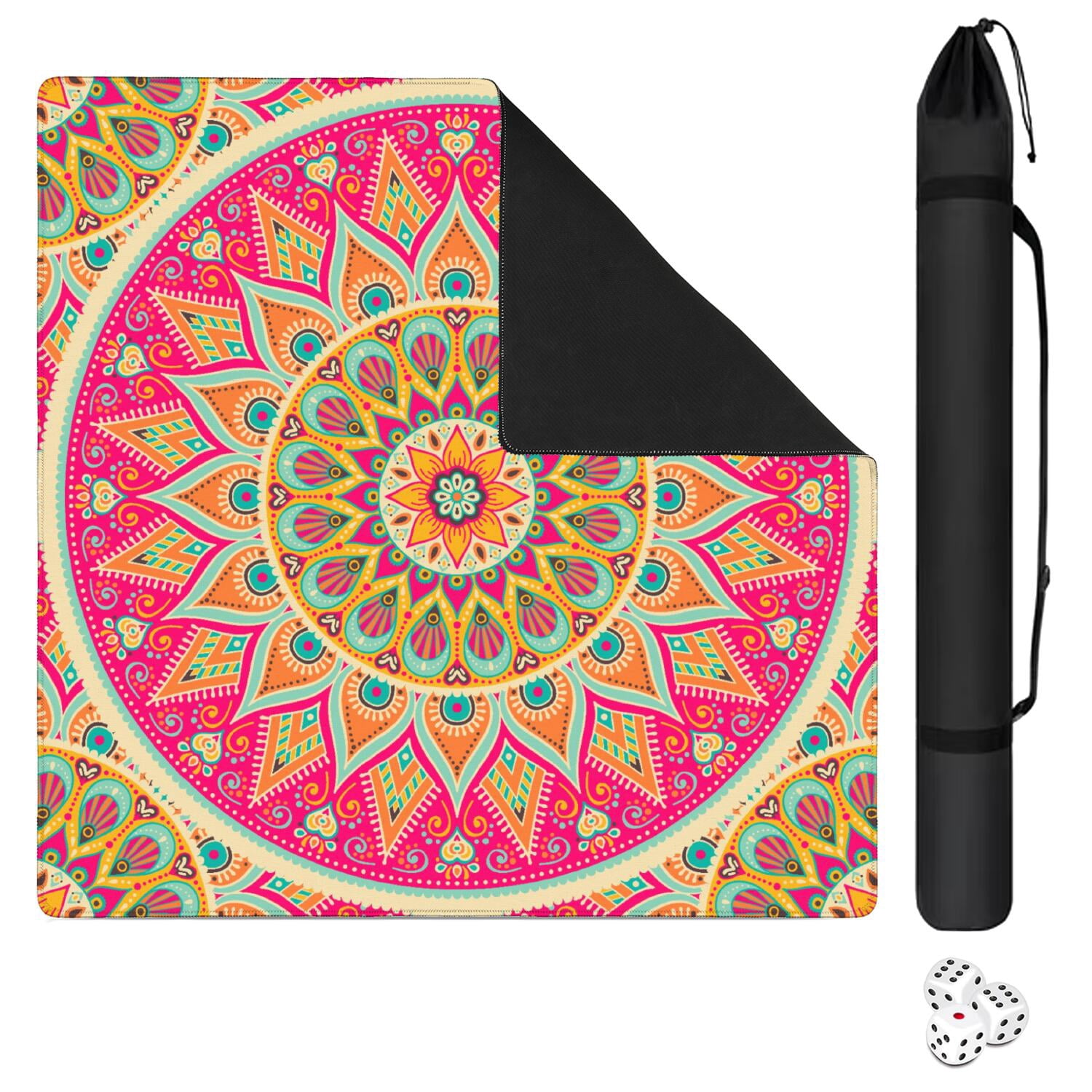 Mandala Mahjong Mat for Table, 31.5*31.5in Anti Slip American Mahjong Table Cloth, Noise Reduction, Neoprene Mah jongg Mat with Carrying Bag & 3 Dices, Mahjong Accessories Gift, Board Tile Games Mats