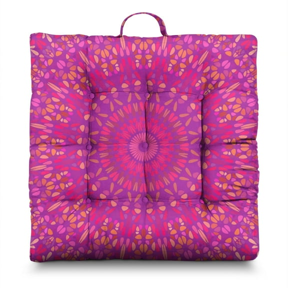 Mandala Meditation Cushion for Adults - Thick Square Floor Pillow with Psychedelic Geometric Pattern, Supportive Zabuton Seat for Yoga & Zen Sitting (Colorful, Floral)