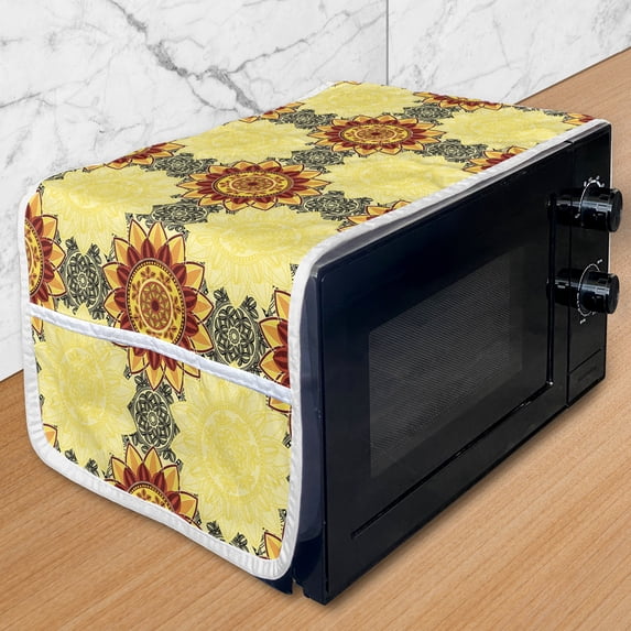 Mandala Microwave Oven Cover, Vibrant Yellow Mandala with Floral Framework Petals Boho, Water Resistant Organizer with Pockets for Kitchen, 36" x 12", Yellow Black Ruby, by Ambesonne