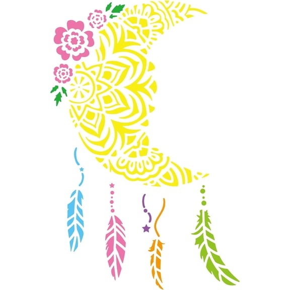 Mandala Moon Dream Catcher Stencil 11.8x11.8inch Moon Pattern Painting Stencil Feather Drawing Stencil Creative Flower Moon Stencil Fantasy Theme Decor Templates