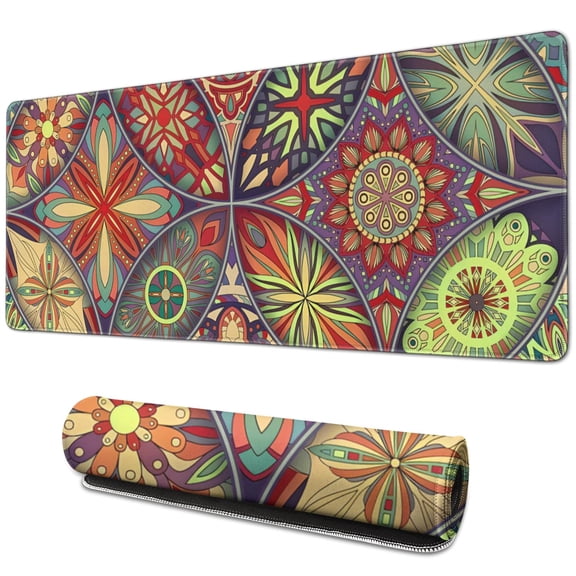 Mandala Mouse Mat: Cute, Pretty Design with Non-Slip Rubber Base - Stitched Edge & Waterproof, Ideal for Office Use, Small Size 31.5x11.8 Inch