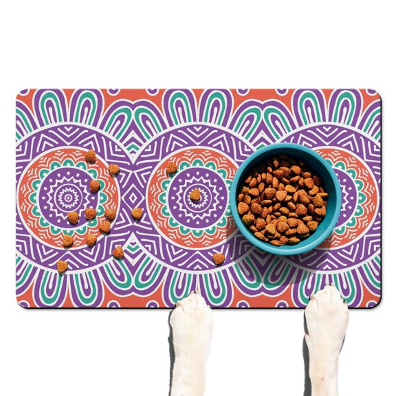 Mandala Mystic Cultural Exotic Meditation Floral Dog Food Mat, Absorbent Waterproof Non-Slip Pet Feeding Mat for Dogs and Cats