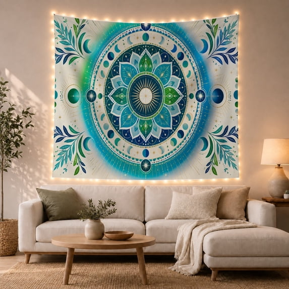 Mandala in Off-White with Blue Planets and Stars, Mystical Boho for Yoga Enthusiasts, Cosmic Harmony Art, Housewarming Gift, Tapestry Wall Hanging for Bedroom and Living Room
