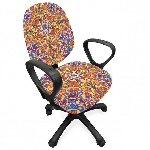 Mandala Office Chair Slipcover, Floral Pattern with Symmetrical Elements Design Eastern, Protective Stretch Decorative Fabric Cover, Standard Size, Yellow Orange, by Ambesonne