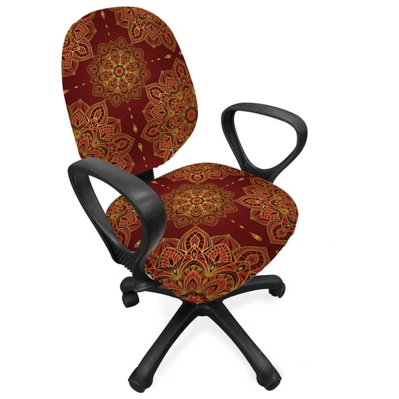 Mandala Office Chair Slipcover, Oriental Motifs with Floral Elements and Leavess Inspiration, Protective Stretch Decorative Fabric Cover, Standard Size, Red Earth Yellow, by Ambesonne