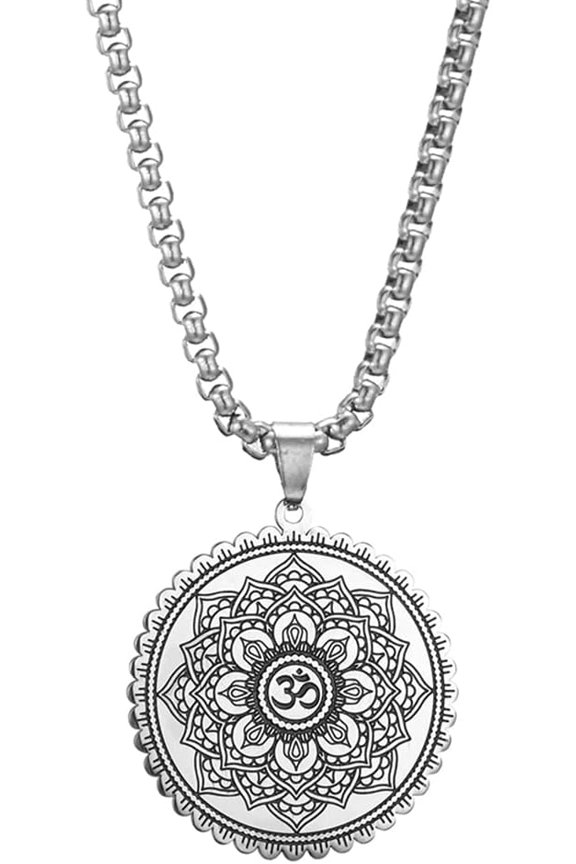Mandala Om Aum Ohm Men's Necklace Sanskrit Symbol Om Aum Ohm Spiritual Amulet Indian Lotus Mandala Yoga Pendant Religious Jewelry Men