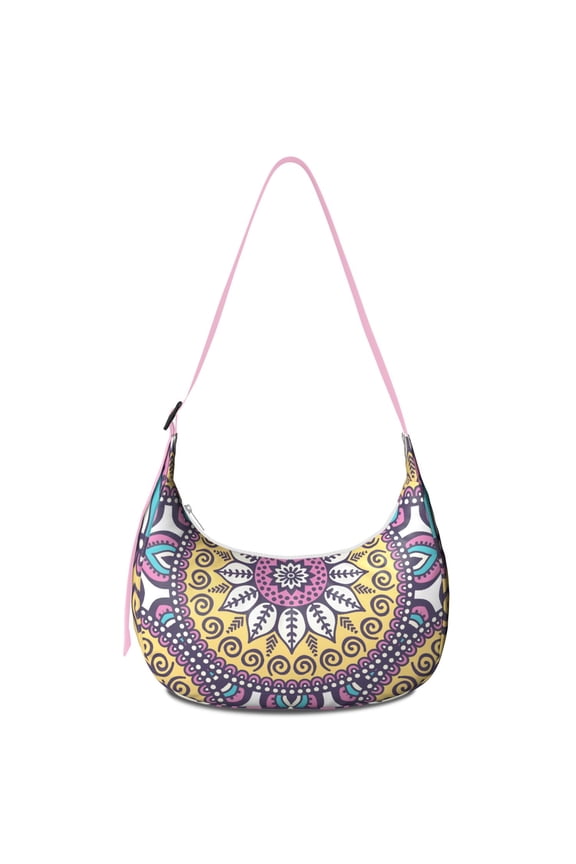 Mandala Ornament Shoulder Bag Ethnic Boho Crescent Purse for Women Dreamy Abstract Pattern for Emotional Balance and Energy Healing