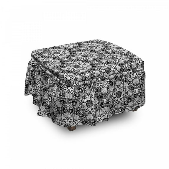 Mandala Ottoman Cover, Eastern Pattern, 2 Piece Slipcover Set with Ruffle Skirt for Square Round Cube Footstool Decorative Home Accent, Standard Size, Black White, by Ambesonne