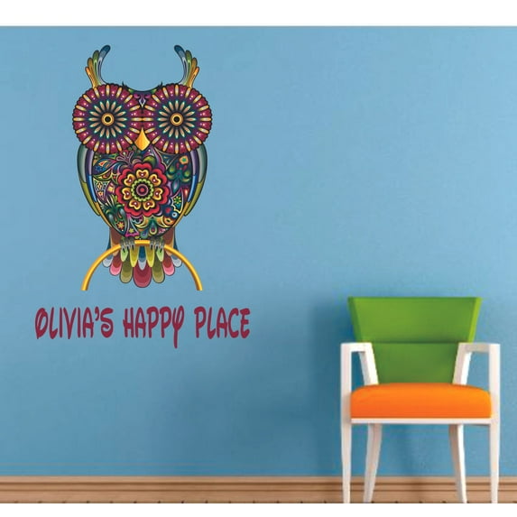 Mandala Owl Owls Animal Cartoon Customized Wall Decal - Custom Vinyl Wall Art - Personalized Name - Baby Girls Boys Kids Bedroom Wall Decal Room Decor Wall Stickers Decoration Size (40x35 inch)