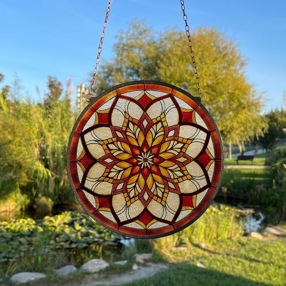 Mandala Painted Stained Glass Suncatcher, Window Hanging Decor, Outdoor Sun Catcher Decor, Red Geometric Wall Decor