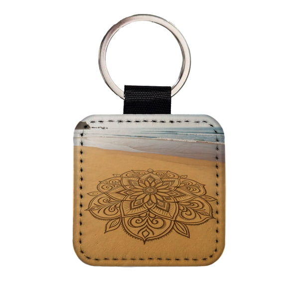 Mandala Pattern Beach Sand Faux Leather Square Keychain