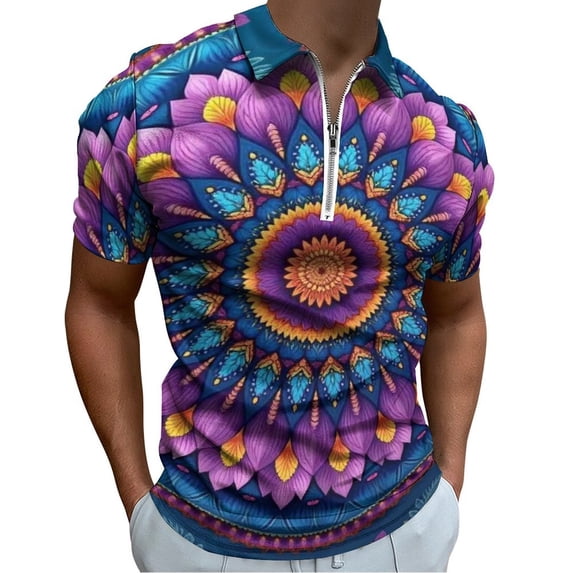 Mandala Pattern Purple Men Zipper T-shirt Summer Casual Short Sleeve T-shirt Top