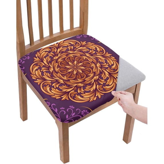 Mandala Pattern Seat Cover for Dining Room Chairs, Stretch Seat Covers Set of 4, Washable Chair Seat Covers Removable Kitchen Chair Slipcovers Protector, Boho Vintage Gold and Purple Flower