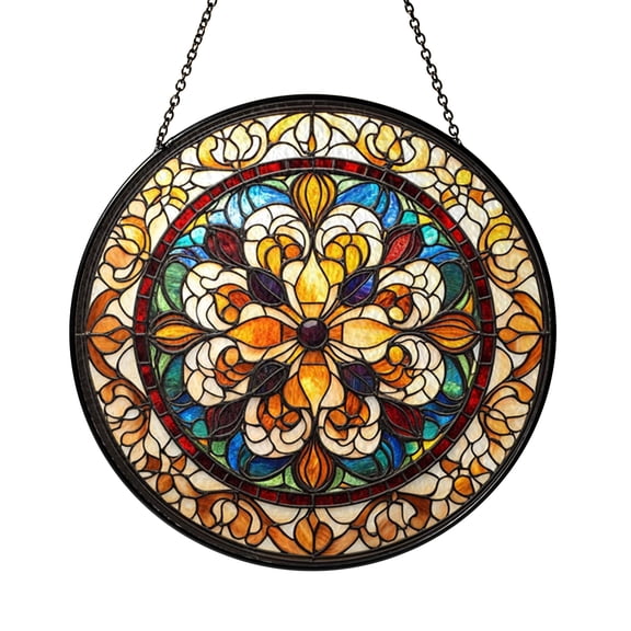Mandala Pattern Stained Glass Suncatcher Window Hanging Decor, Geometric Floral Sun Catcher Ornament, Colorful Stained Glass Style Mandala Window Art, Decorative Window Hanging for Home Window Decor