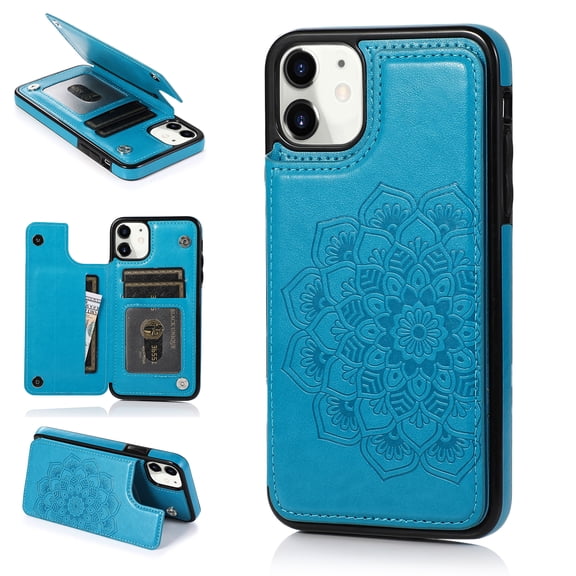 Mandala Patterned Wallet Case For iPhone 11, Premium PU Leather Flip Cover with RFID Blocking Card Slots & Cash Pocket, Kickstand Shockproof Full-Body Protective Folio Case,Blue