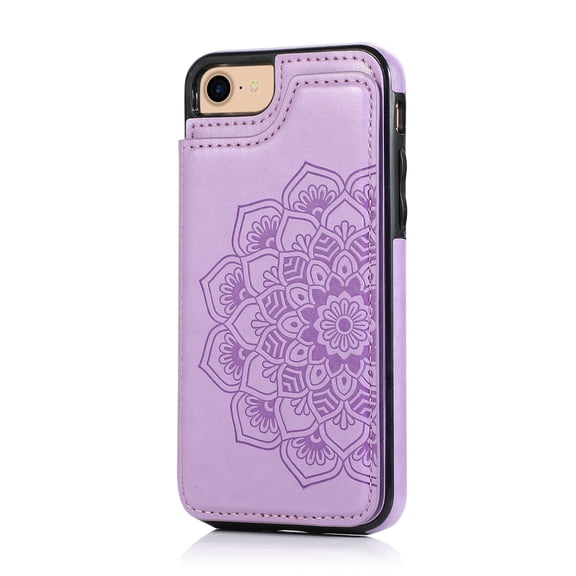 Mandala Patterned Wallet Case For iPhone 7 / 8 / SE 2022 & 2020, Premium PU Leather Flip Cover with RFID Blocking Card Slots & Cash Pocket, Kickstand Shockproof Protective Folio Case,Purple