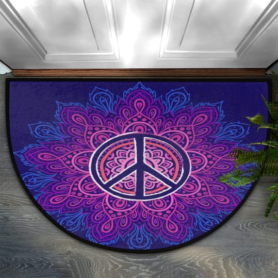 Mandala Peace Symbol Half Round Door Mat, Ethnic Flower Non-Slip Half Circle Rug Doormats Absorbent Washable for Indoor Outdoor Kitchen Bedroom Home Decor 24"x36"