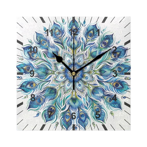 Mandala Peacock Feathers Wall Clock Battery Operated Silent Non-Ticking Bedroom Office Kitchen Home School Decor 7.8"(Black)