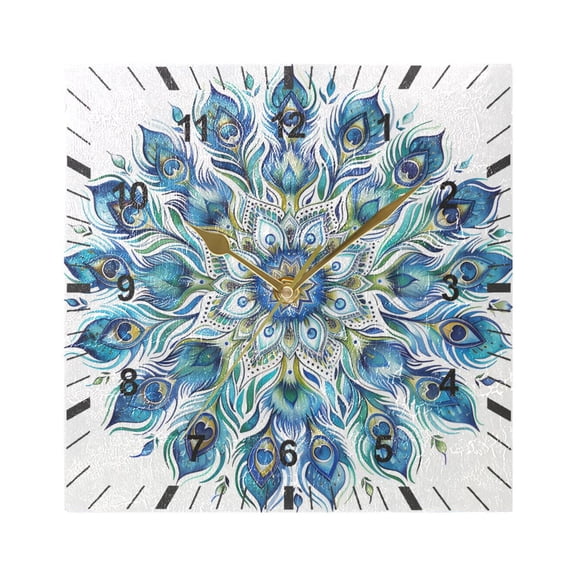 Mandala Peacock Feathers Wall Clock Battery Operated Silent Non-Ticking Bedroom Office Kitchen Home School Decor 7.8"(Gold)